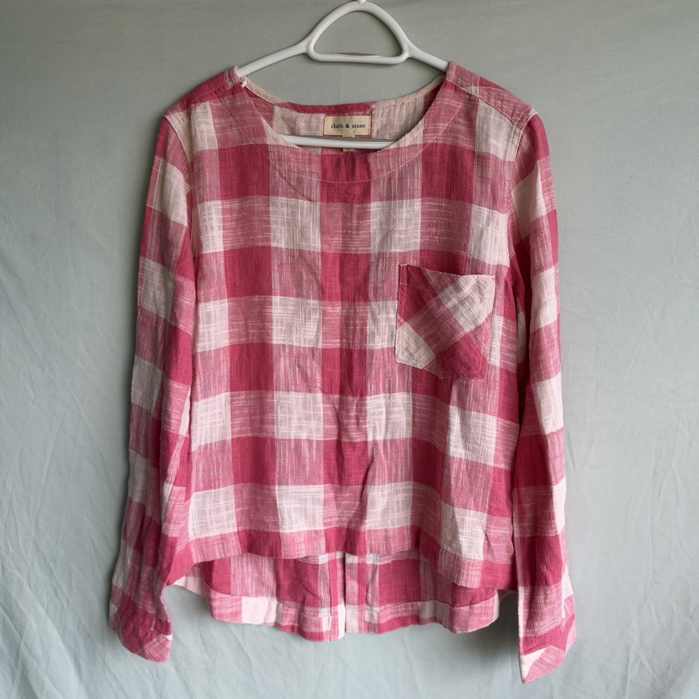 Cloth and Stone Women Large Pink Gingham Linen Blend Button Back Blouse Summer